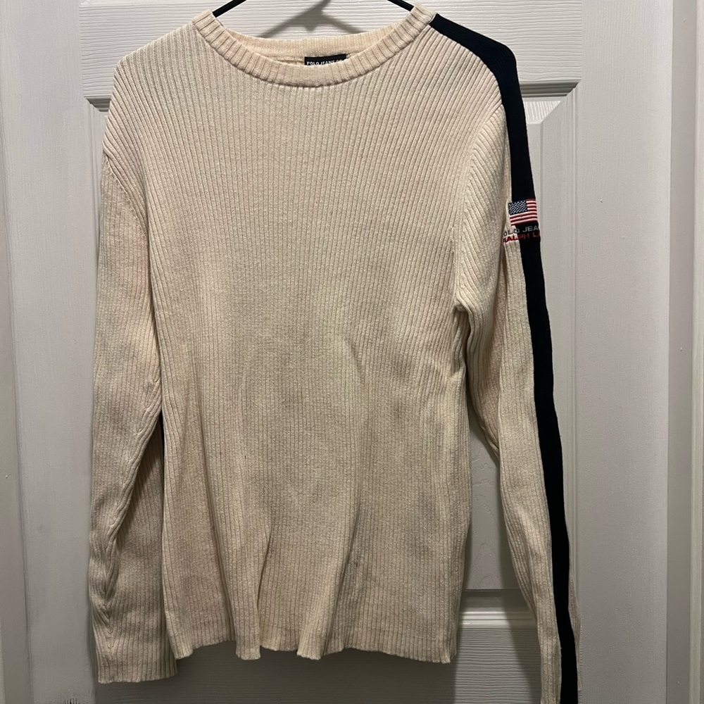 Vintage Polo jeans Cream Sweater with Black Stripe on arm with American flag